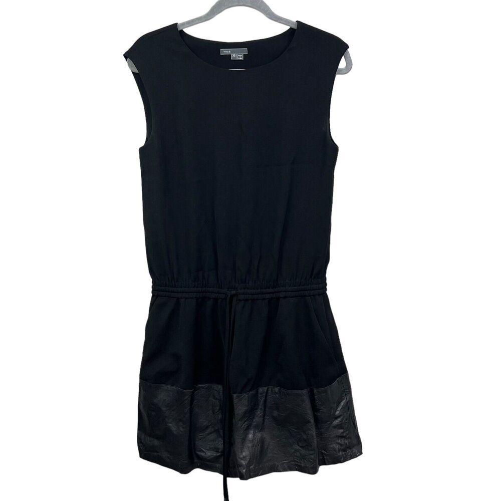 Vince Tank Mini Dress Lamb Leather Trim Drawstring Waist Black Women Size XS*